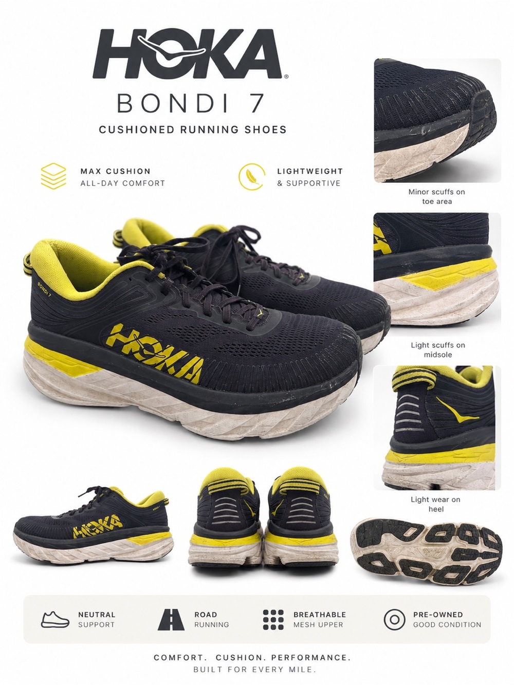 HOKA Bondi 7 Performance Running Sneakers Black Grey and Yellow Sz 11 Mens